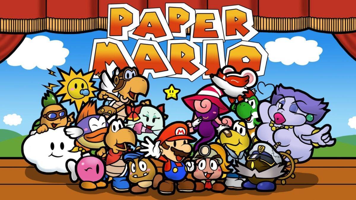 Обложка Paper Mario для Nintendo Switch Online с героями и фоном сцены для N64