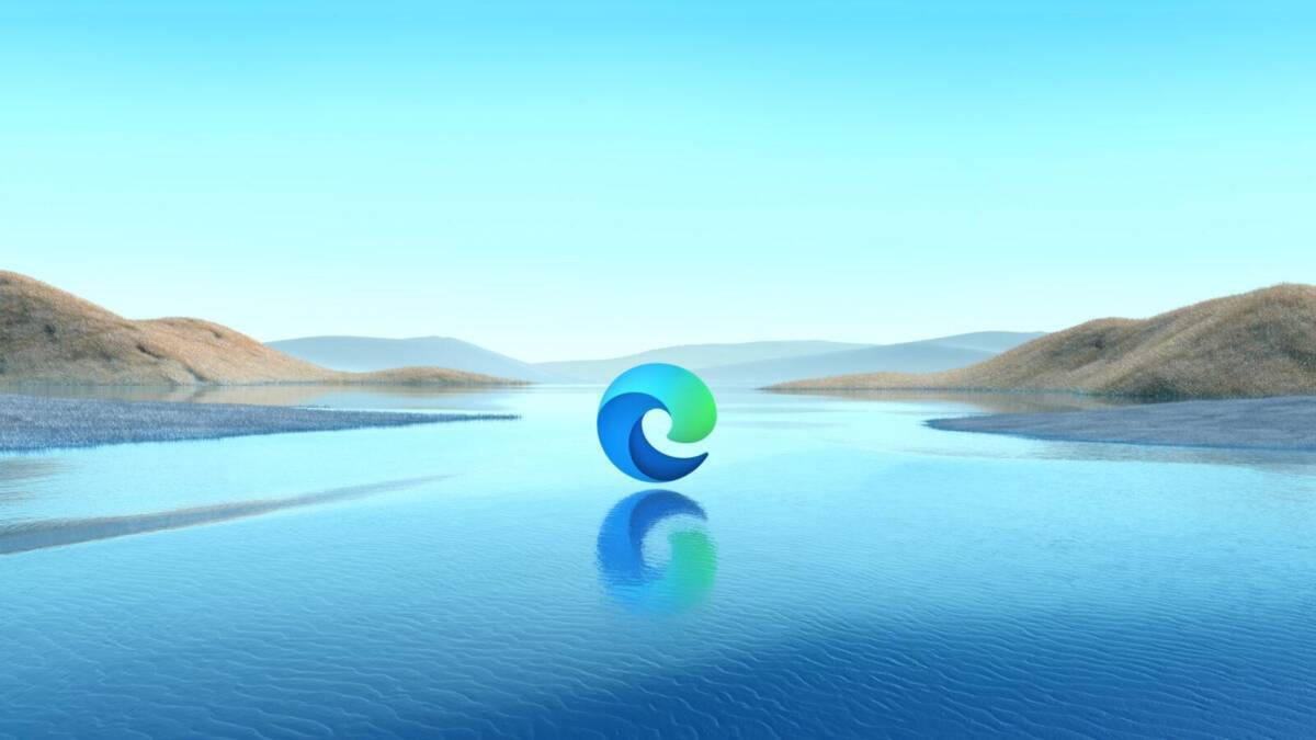 Логотип Microsoft Edge на фоне озера и холмов, обложка фонового изображения браузера