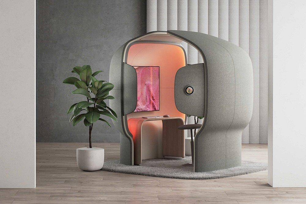 Интерьер и модуль рабочего места Microsoft Flowspace Pod в офисе будущего