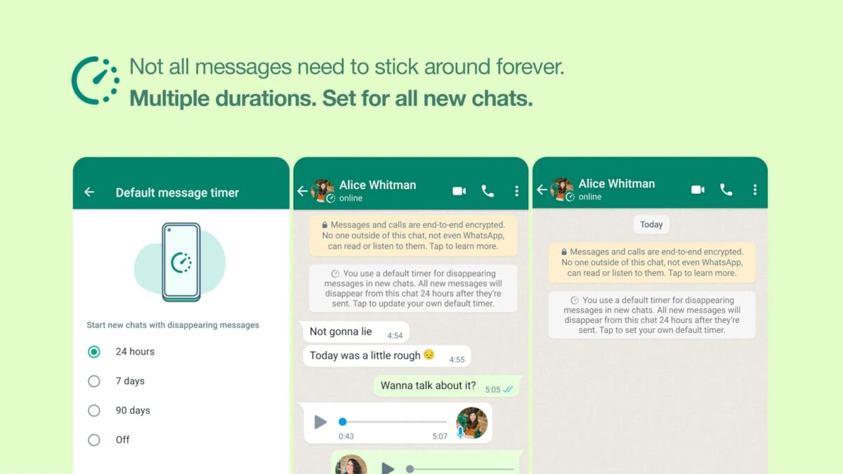 WhatsApp добавляет больше возможностей для исчезающих сообщений 3 Экран WhatsApp на смартфоне с настройками исчезающих сообщений