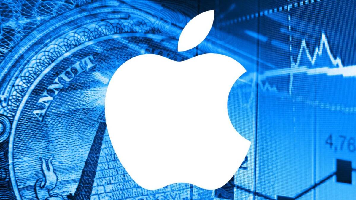 Логотип Apple на фоне цифровых графиков роста акций