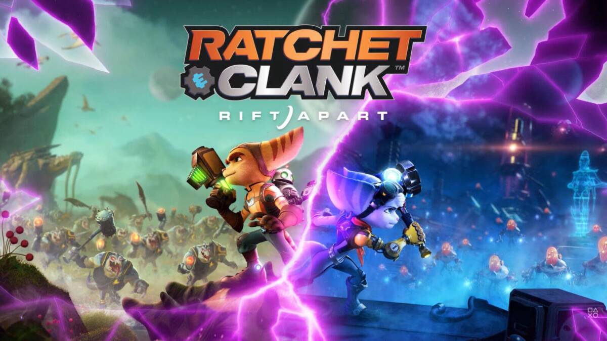 Обложка игры Ratchet & Clank: Сквозь миры с персонажами на фоне космоса и электромагнитных разрядов