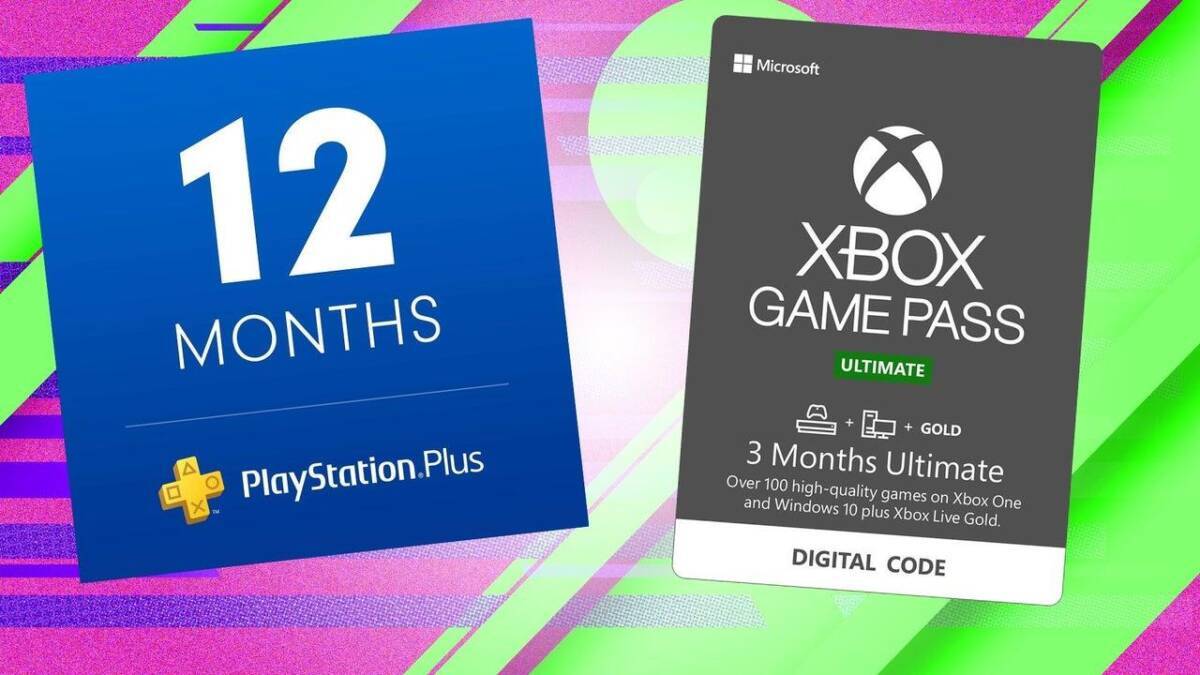 Комплект подписок Xbox Game Pass и PlayStation Plus на фоне яркого дизайна