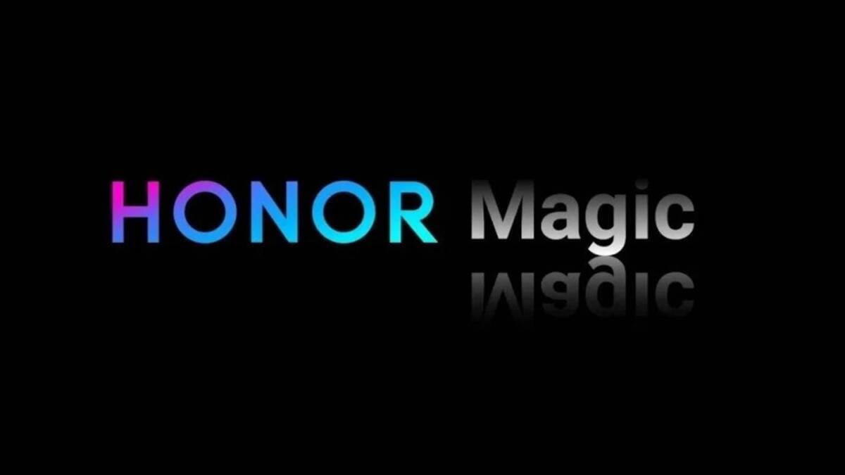Цветной логотип HONOR и название Magic на черном фоне