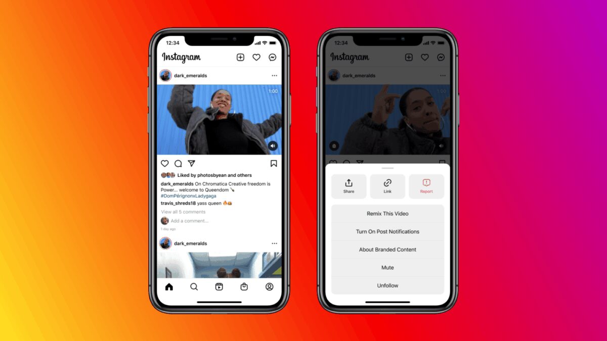 Instagram расширил функцию Remix на все форматы видео 3 Два смартфона iPhone показывают интерфейс Instagram* с функцией Remix