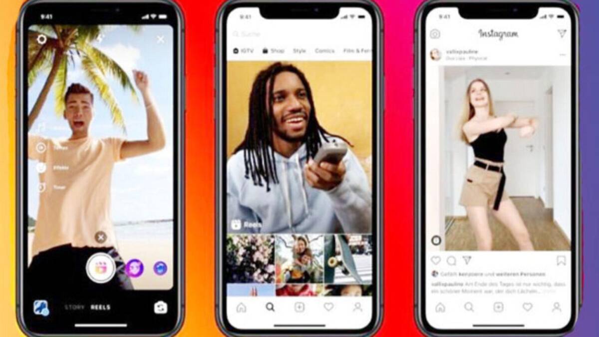 Три смартфона iPhone с интерфейсами Instagram и TikTok