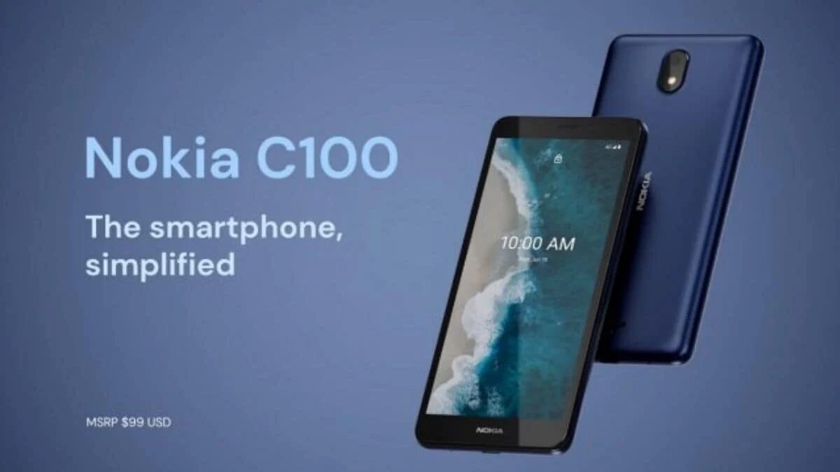 Изображение смартфона Nokia C100 спереди и сзади на синем фоне