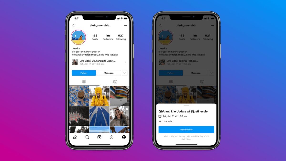 Экран смартфона с интерфейсом Instagram: профиль и напоминание о прямом эфире в темной теме