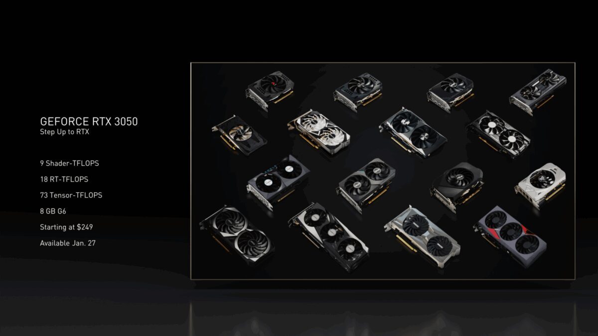 CES 2022: NVIDIA выпустила GeForce RTX для ноутбуков, новые RTX 3080 и NVIDIA Omniverse 7 Разнообразие видеокарт NVIDIA GeForce RTX 3050 и более мощных моделей