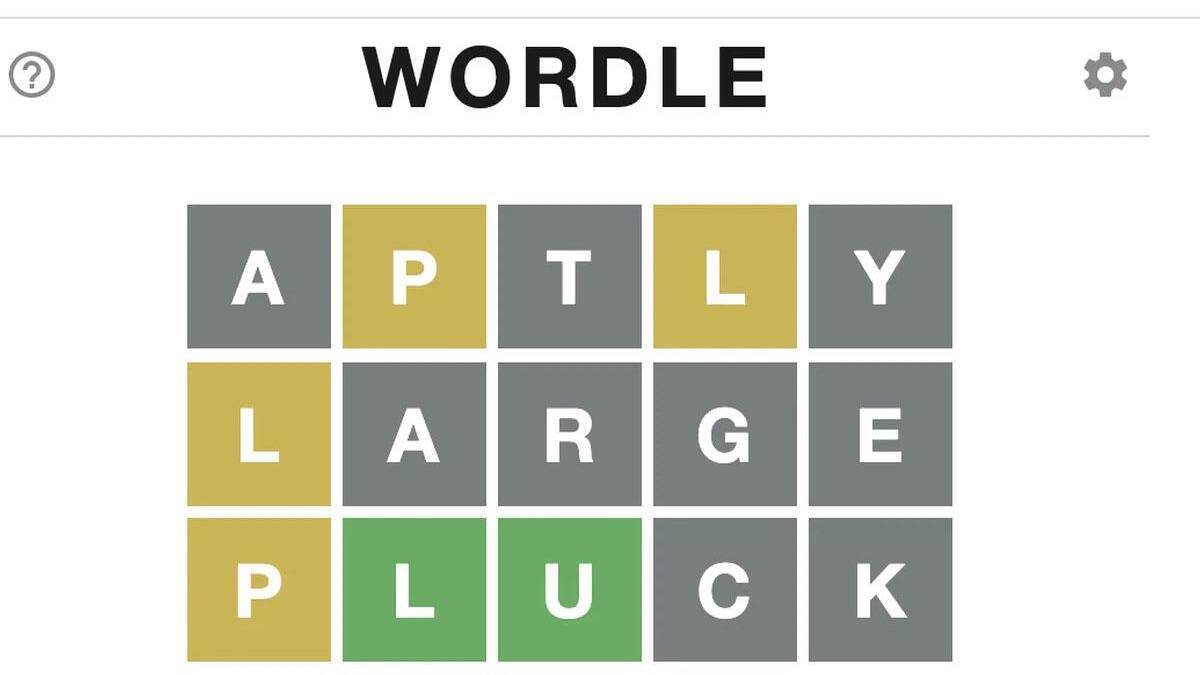 Как играть в Wordle 10 Экран игры Wordle с заполненными словами АПТЛЫ ЛАРГЕ и ПЛУК