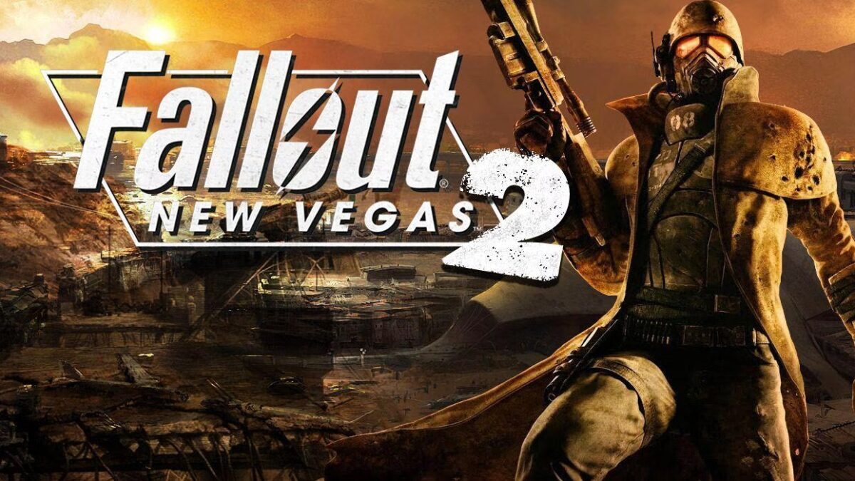 Обложка Fallout New Vegas 2: персонаж в военной броне и газовой маске с винтовкой на фоне разрушенного города