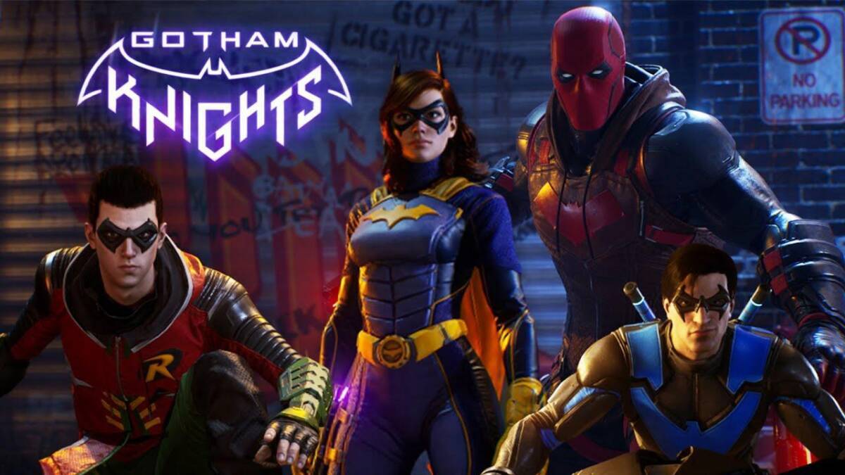 Группа героев из игры Suicide Squad на фоне стены с граффити и логотипом Gotham Knights