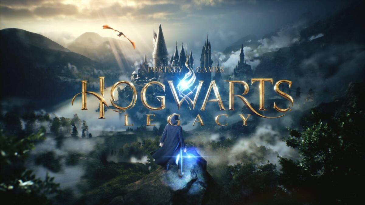 Обложка игры Hogwarts Legacy на фоне замка и леса