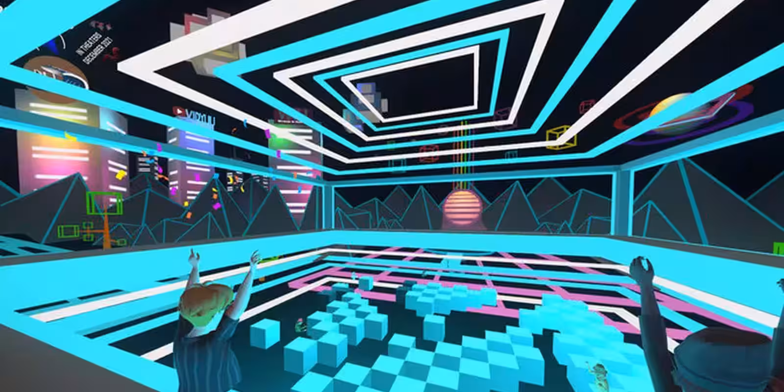 Интерьер социальной VR-платформы Meta Horizon Worlds с участниками в игровой зоне