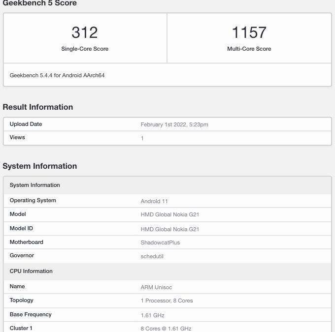 Nokia G21 с чипсетом Unisoc засветился в Geekbench 4 Nokia