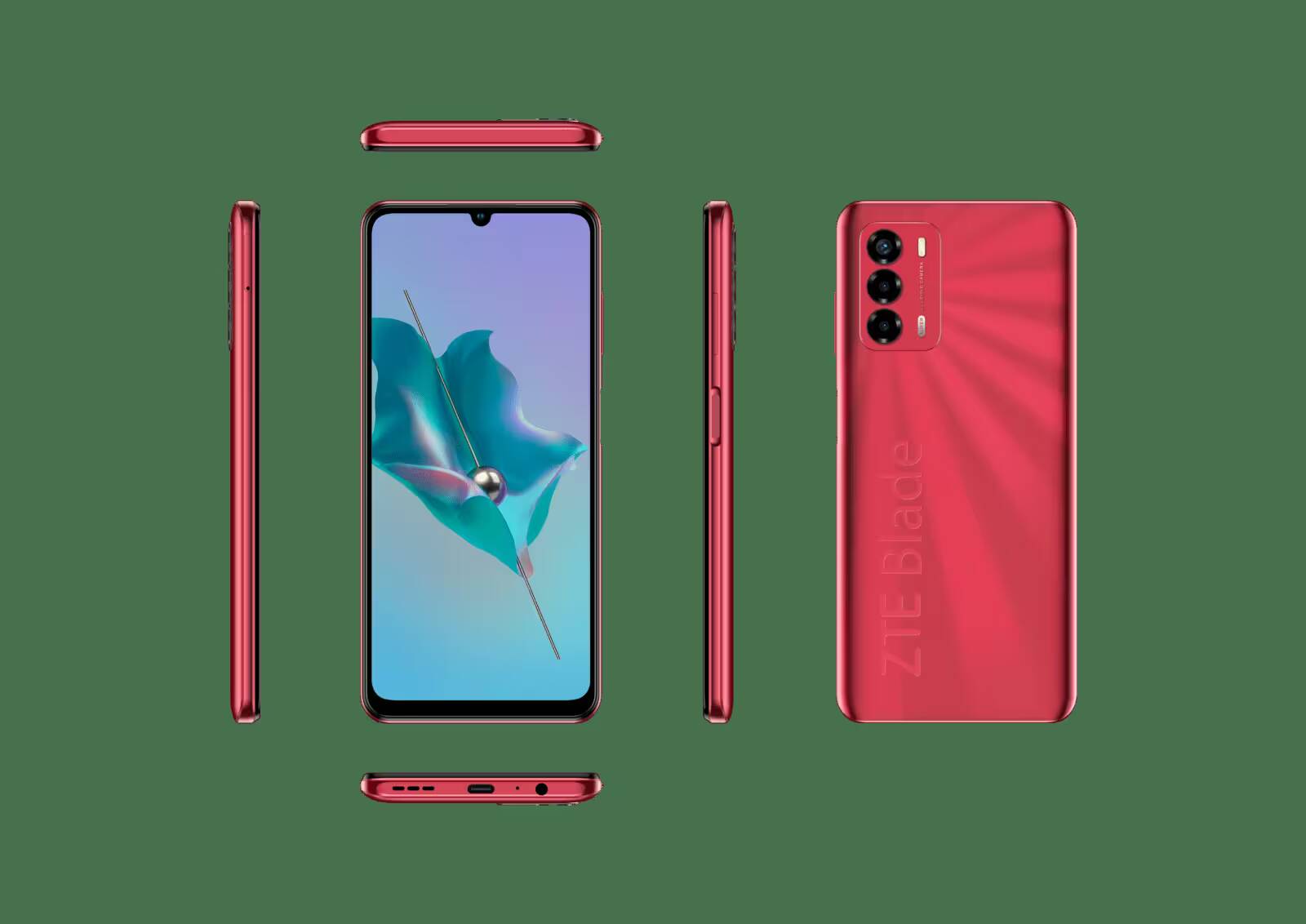 Красный смартфон ZTE Blade V40 с тройной камерой сбоку и лицевой панелью дисплея