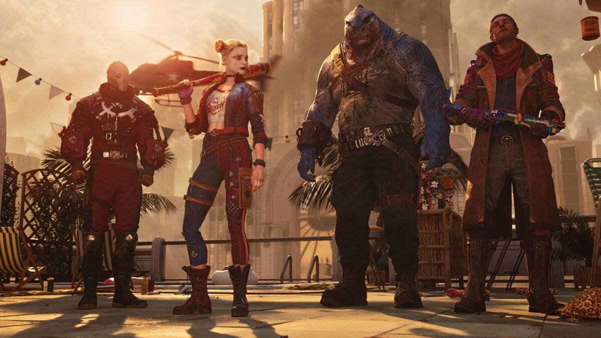 Герои Suicide Squad в боевой позе на фоне небоскребов и пальм в игре Suicide Squad