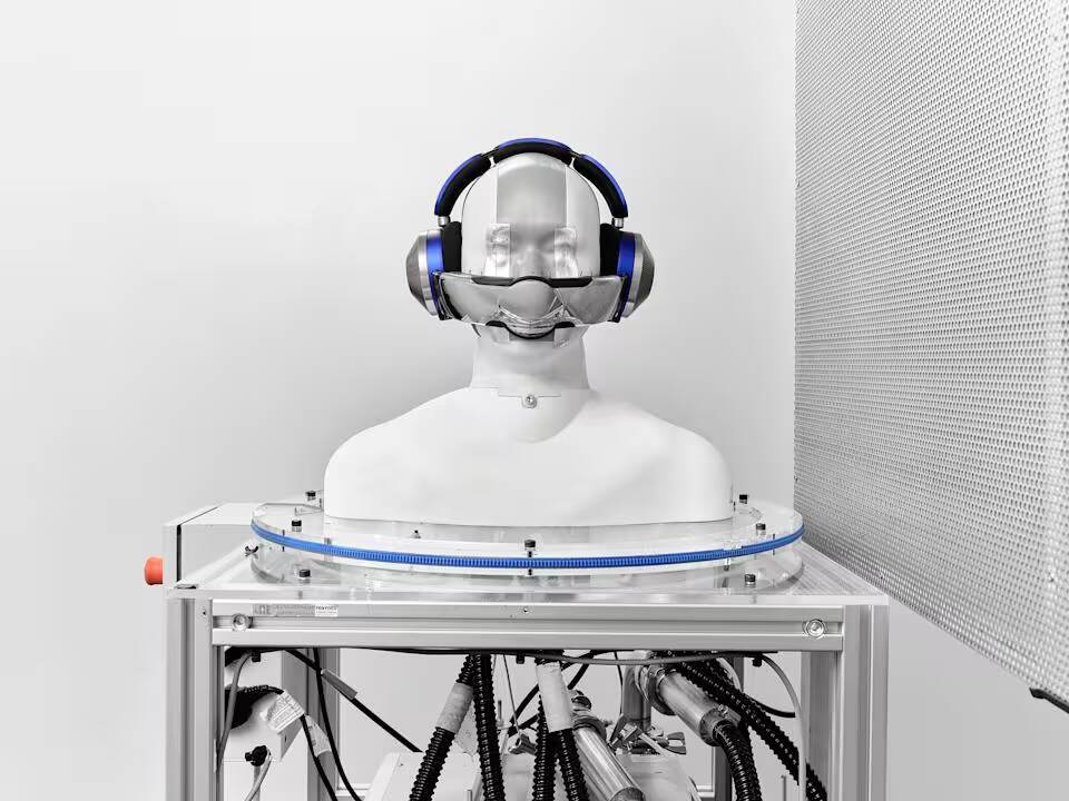 Dyson выпустила наушники Dyson Zone с очистителем воздуха 2 Каска слушателей и искусственный голова с наушниками Dyson Zone