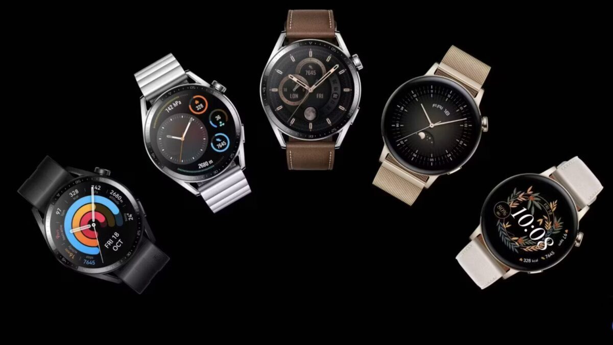 Huawei Watch GT 3 Pro — умные часы на черном фоне, пять устройств в кадре