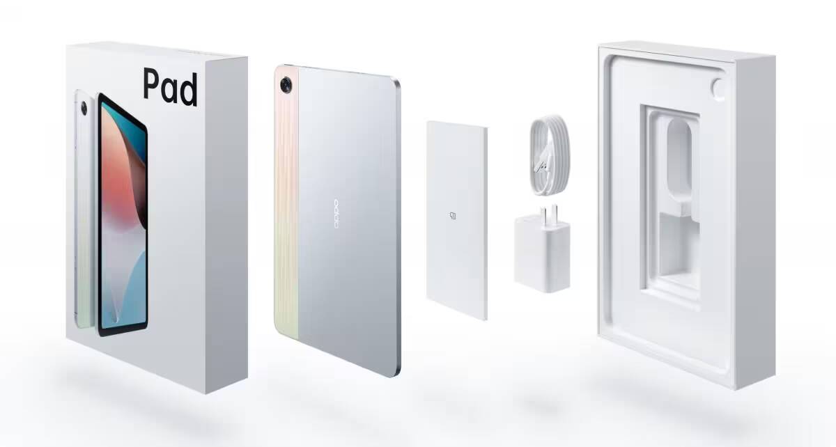 Коробка с планшетом Oppo Pad Air и аксессуарами изображены спереди