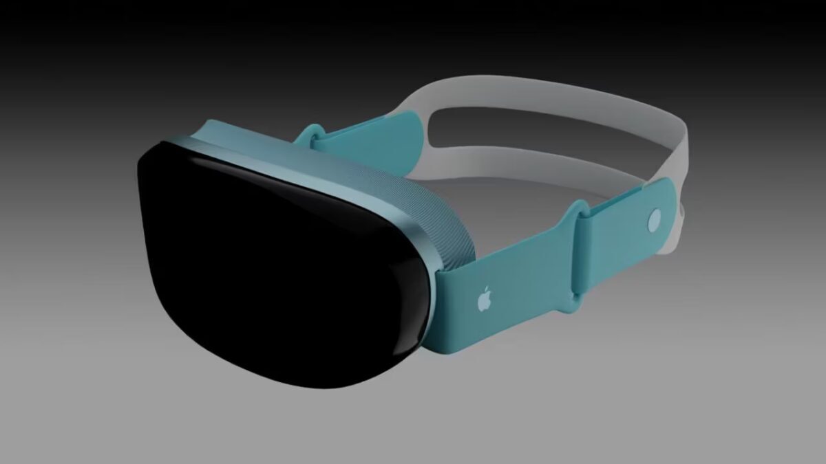 Визуализация гарнитуры смешанной реальности Apple 2023 года с темным дисплеем и яркими индикаторами