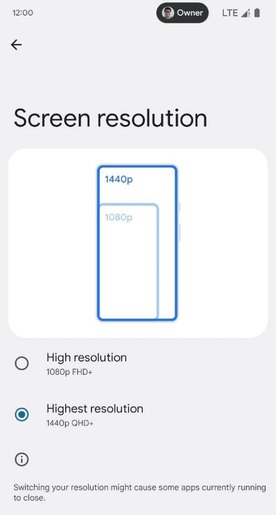 Настройки разрешения дисплея на Google Pixel 7 Pro выбор между 1440p и 1080p
