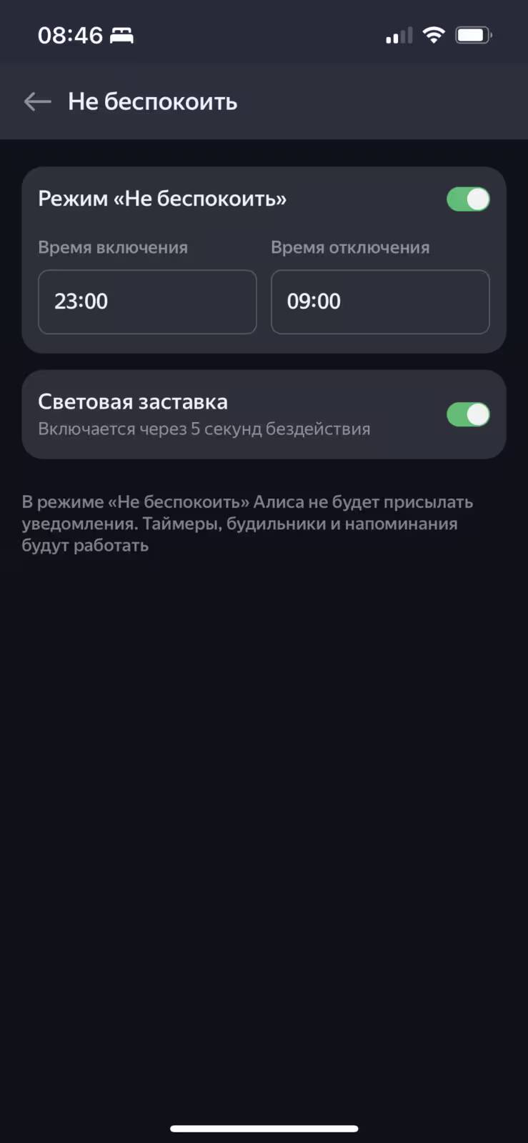 Экран настроек режима «Не беспокоить» на Яндекс Станции 2