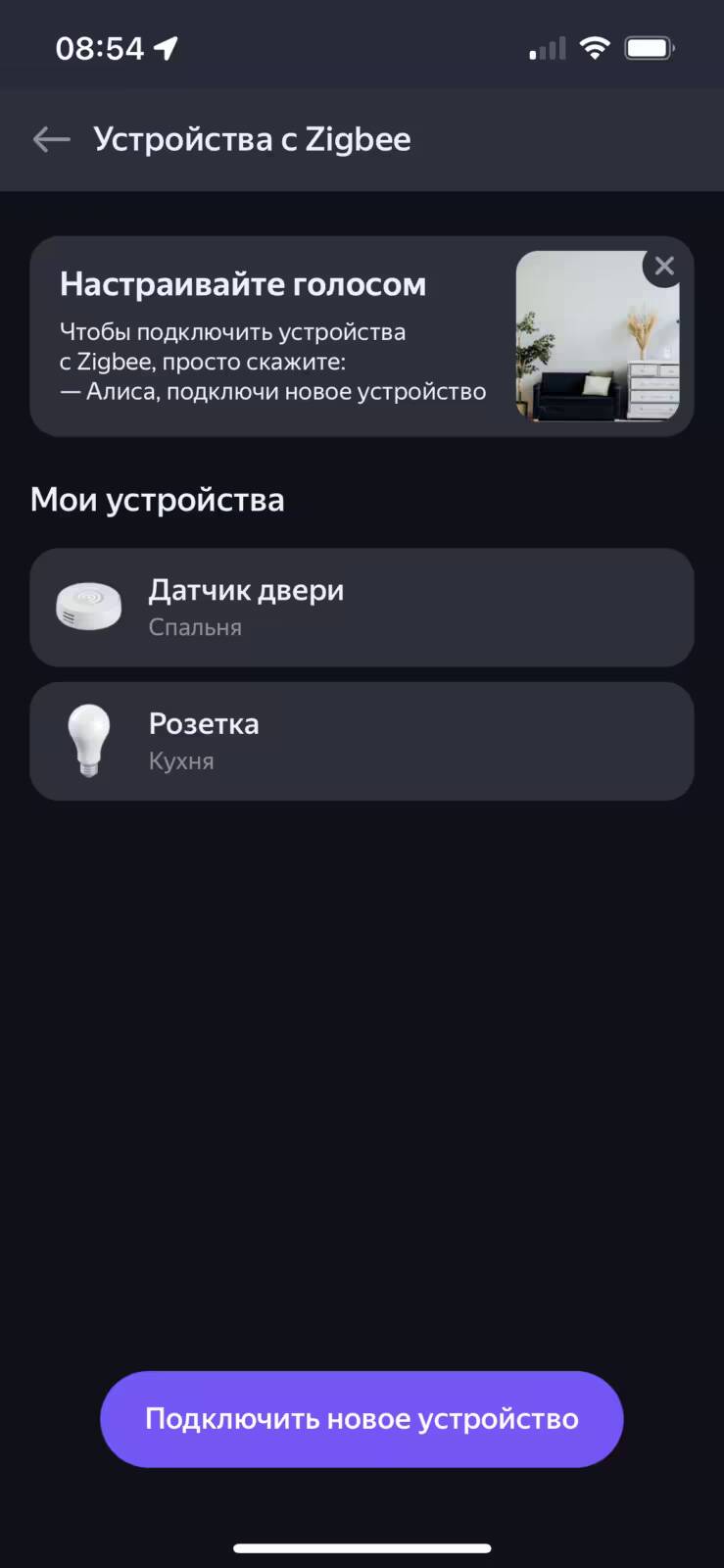 Экран настройки устройств Zigbee с двумя подключенными умными устройствами
