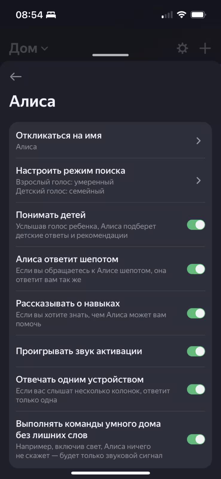 Настройки голосового помощника Алиса в приложении Яндекс Станция 2