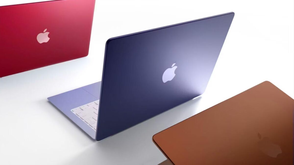 Цветные ноутбуки MacBook Air и MacBook Pro с логотипами Apple сбоку