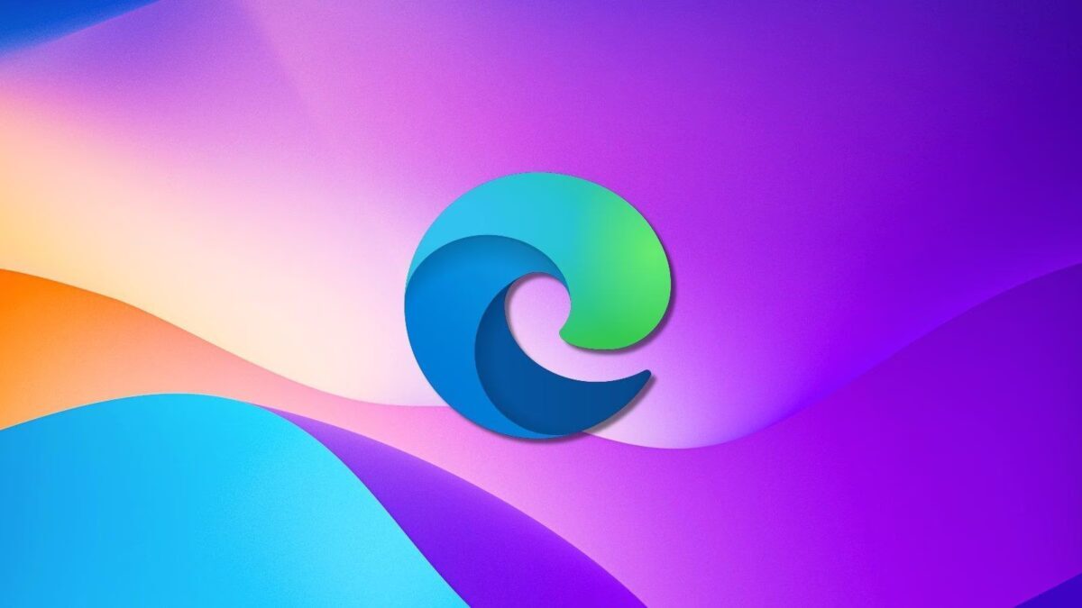 Логотип Microsoft Edge на цветном фоне с градиентами и фирменной иконкой браузера