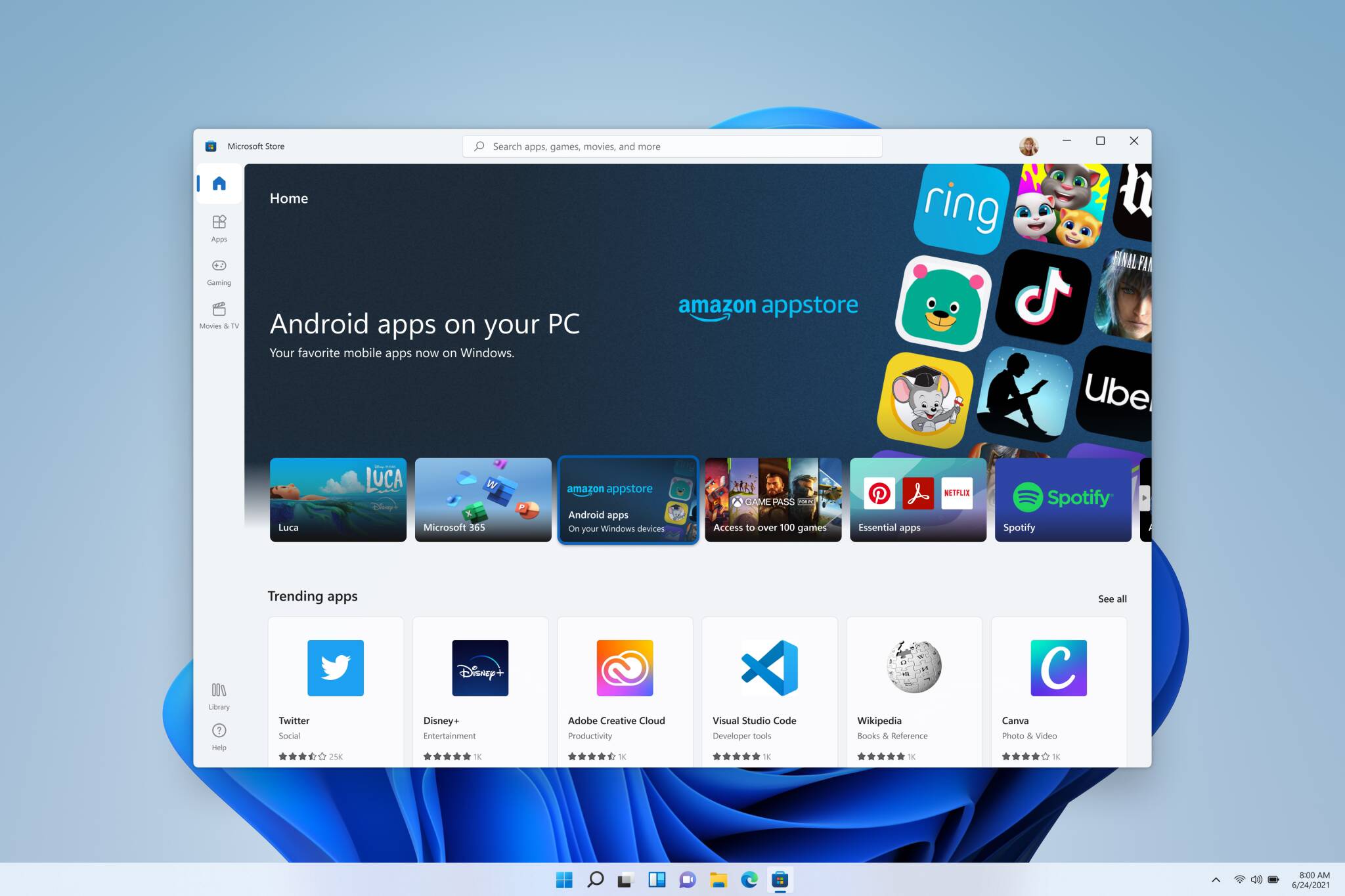 Экран Windows Subsystem for Android с магазином приложений на фоне Windows 11