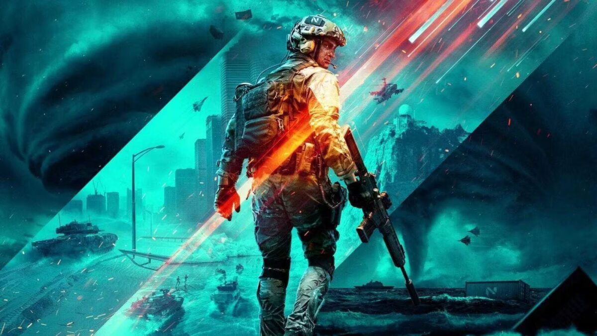 Робот в боевой броне с оружием на фоне разрушений в Battlefield 2042