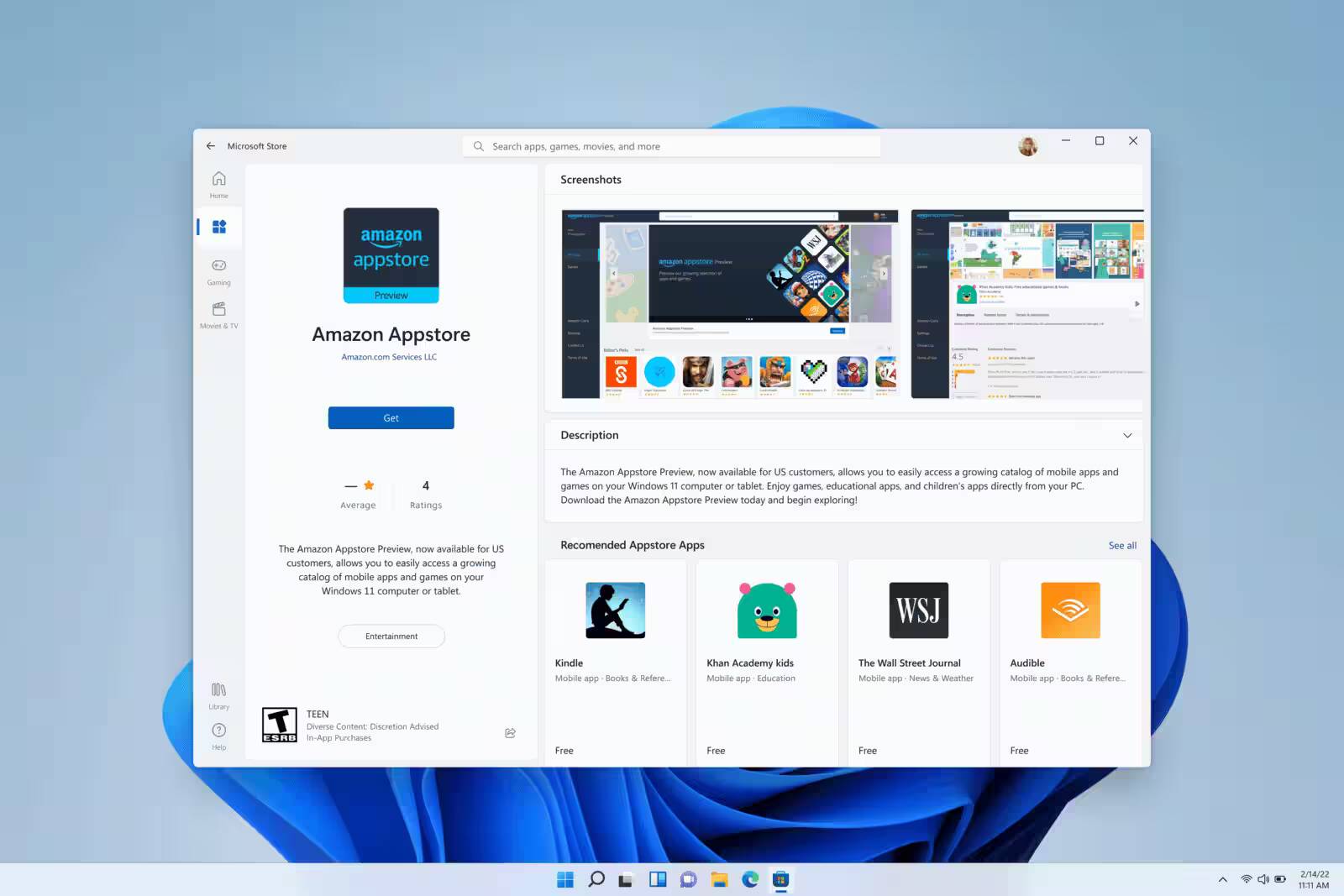 Окно магазина Microsoft Store с приложением Amazon Appstore на Windows 11 в интерфейсе Windows 11