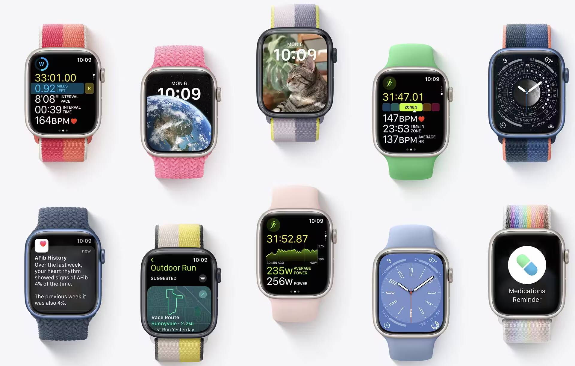 Различные модели Apple Watch с интерфейсами и циферблатами