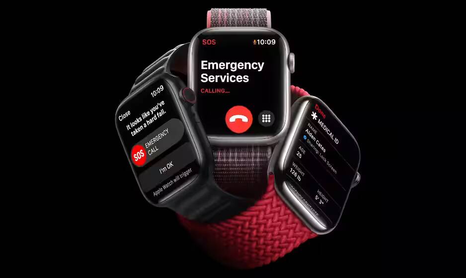 Изображение новых часов Apple Watch Series 8 с интерфейсами вызова экстренных служб и медицинской информации