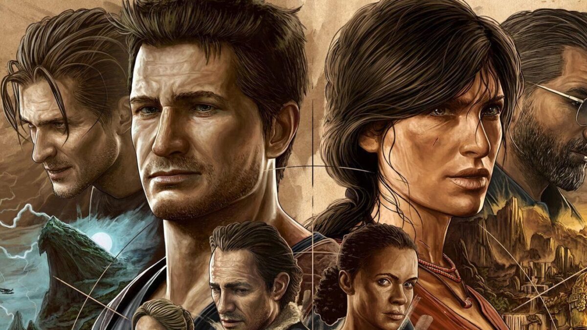 Обложка Uncharted: Legacy of Thieves Collection с героями Нейтана Дрейка и пейзажем приключений