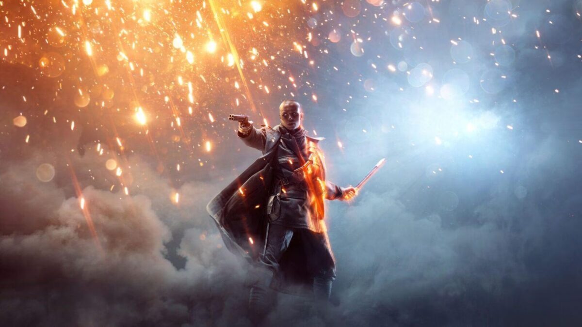 Кадр из Battlefield 1: герой с оружием на фоне взрывов и дыма в небе
