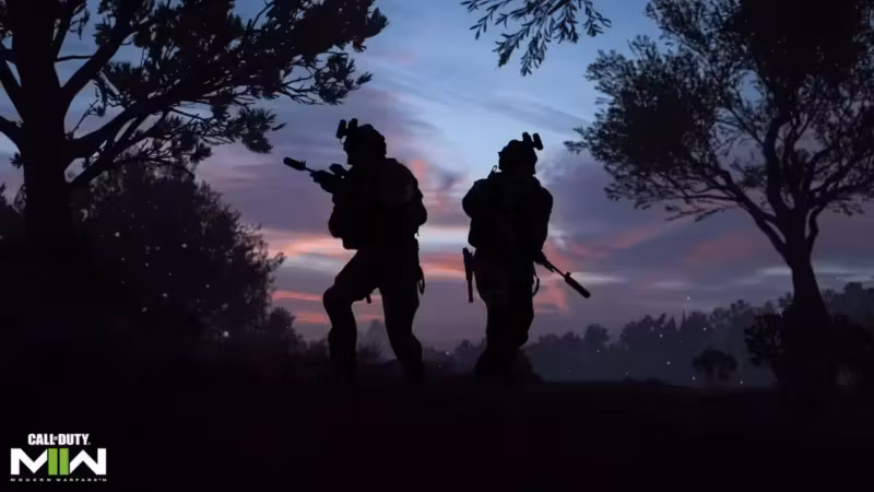 Силуэты двух солдат с оружием на фоне заката в стилистике Call of Duty: Modern Warfare 2