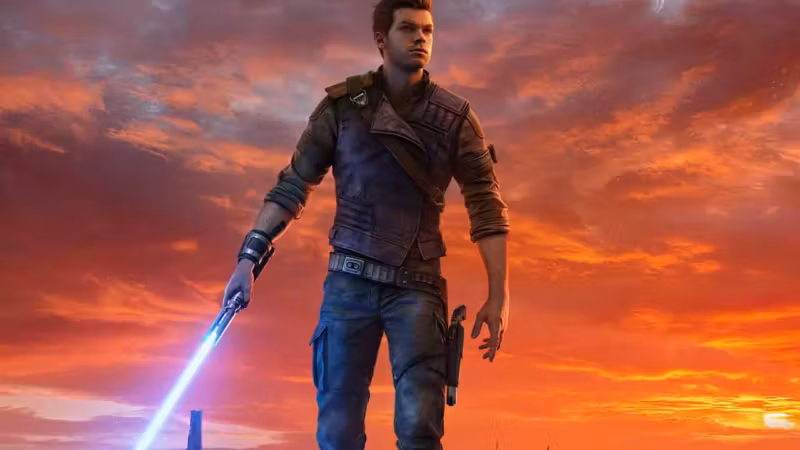 Кадр из Star Wars Jedi: Survivor — персонаж с световым мечом на фоне закатного неба