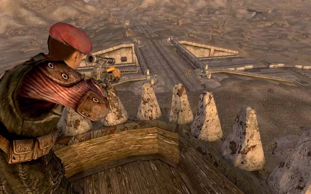 Один из персонажей смотрит с вершины крепости на разрушенный пейзаж Fallout
