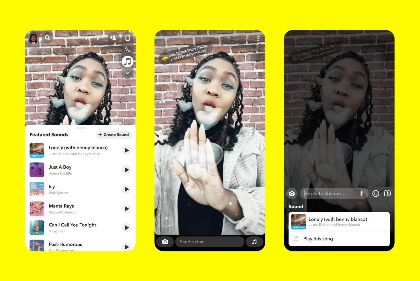 Экран Snapchat с музыкальными rekomendaciyami и интерфейсом