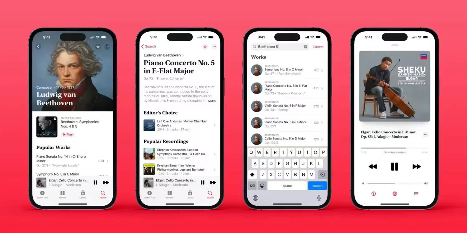 Экран iPhone с интерфейсом Apple Music Classical и поиском по музыке
