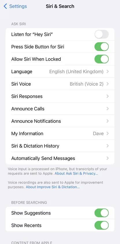 Настройки Siri на iPhone с переключателями и языком управления