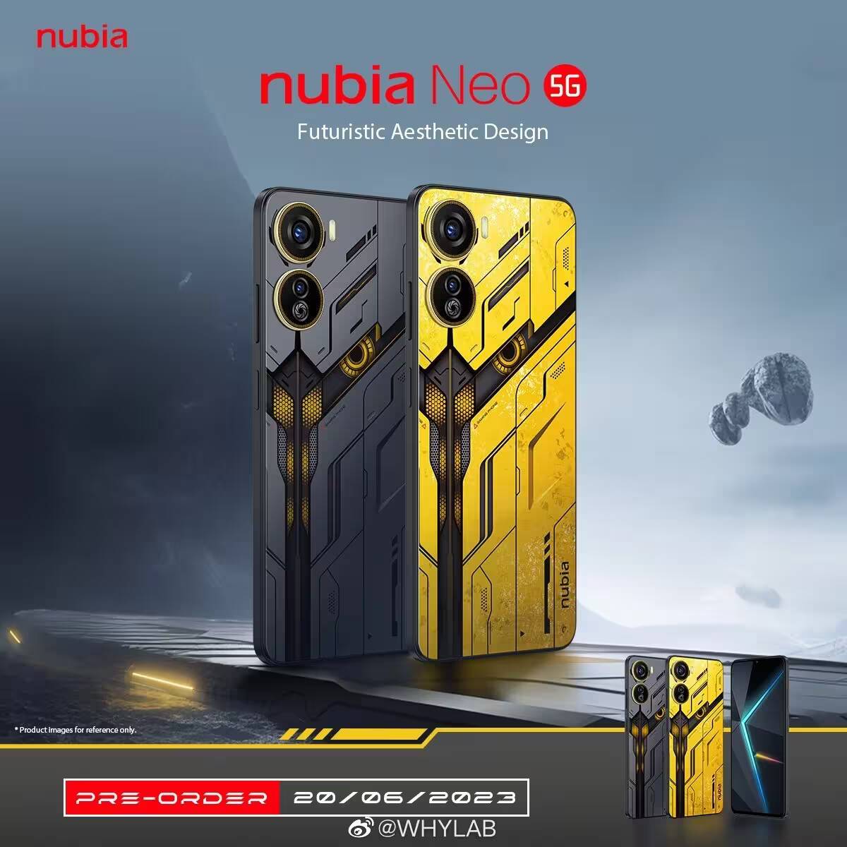 Футуристичный дизайн смартфона Nubia Neo 5G с яркими черными и желтыми версиями