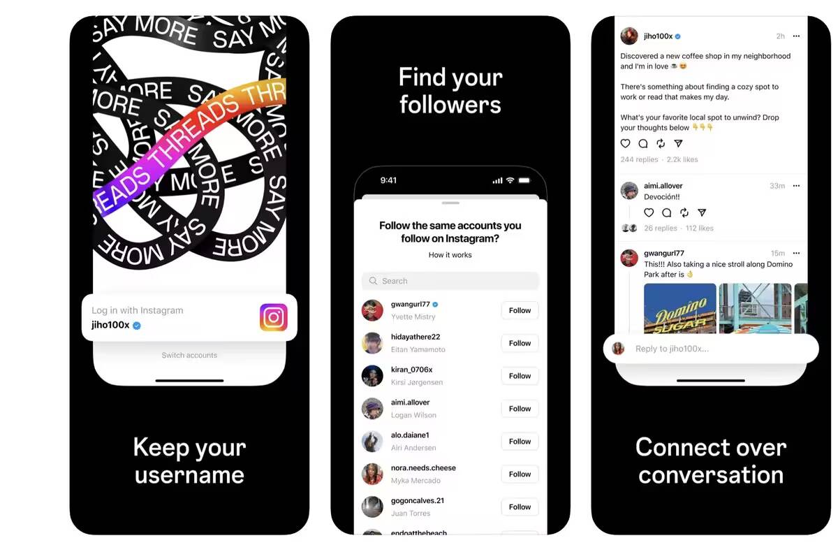 Экраны мобильных устройств с интерфейсом Threads для Instagram* и поиска пользователей