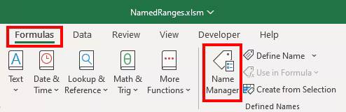 Экран Excel с вкладками Формулы и Менеджер имен