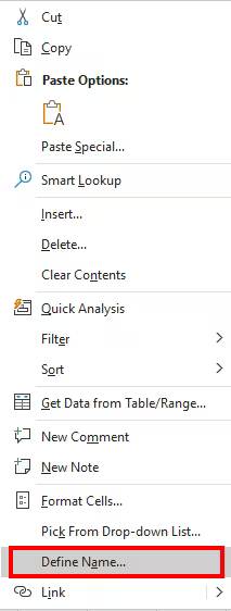 Меню контекстного окна в Microsoft Excel с выделенной опцией определения имени диапазона