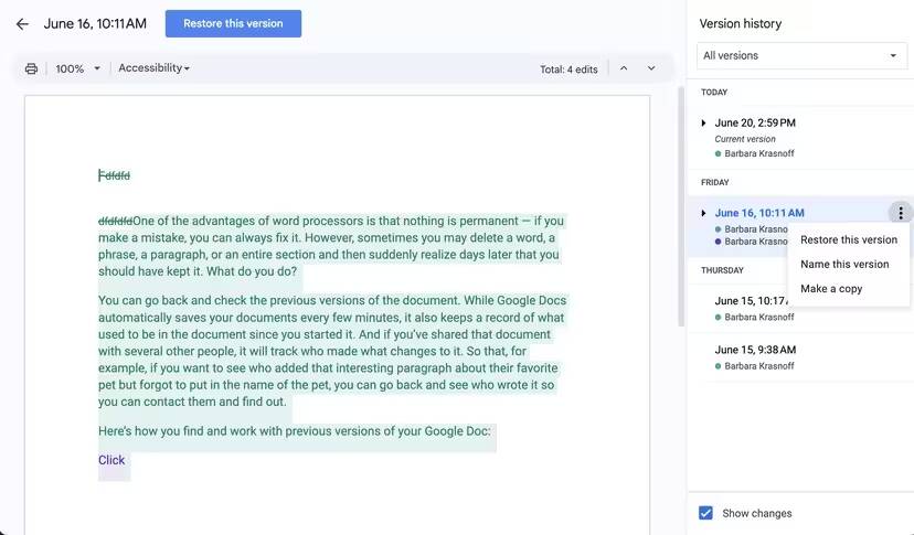 Google Docs: как проверить историю версий 2 Интерфейс Google Docs с историей версий и меню