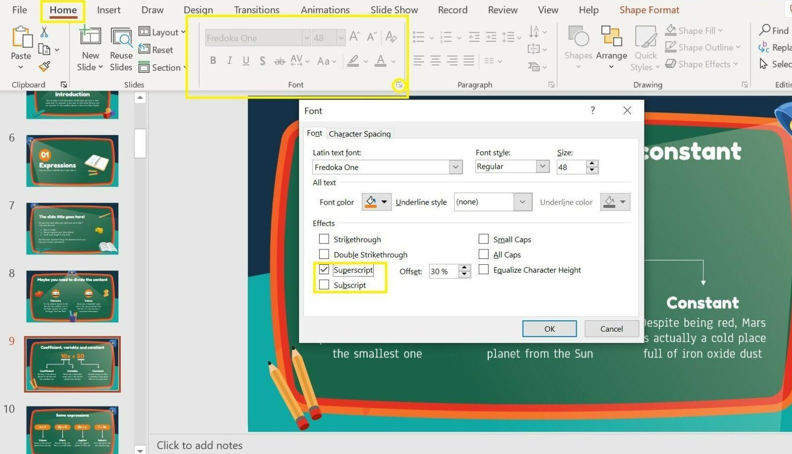 Как добавить надстрочные и подстрочные знаки в PowerPoint 5 supersc 4